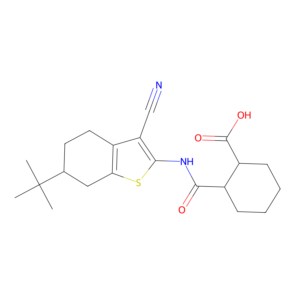 2-[(6-Tert-butyl-3-cyano-4,5,6,7-tetrahydro-1-benzothiophen-2-yl)carbamoyl]cyclohexanecarboxylic acid molecular structure, CAS 491831-94-8