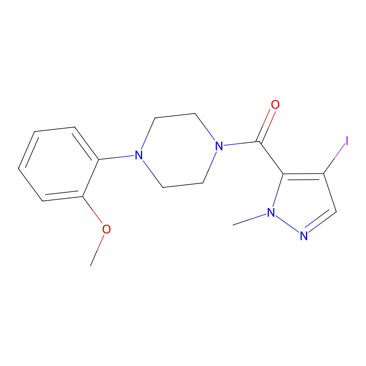 (4-Iodo-2-methylpyrazol-3-yl)-[4-(2-methoxyphenyl)piperazin-1-yl]methanone molecular structure, CAS 491831-95-9