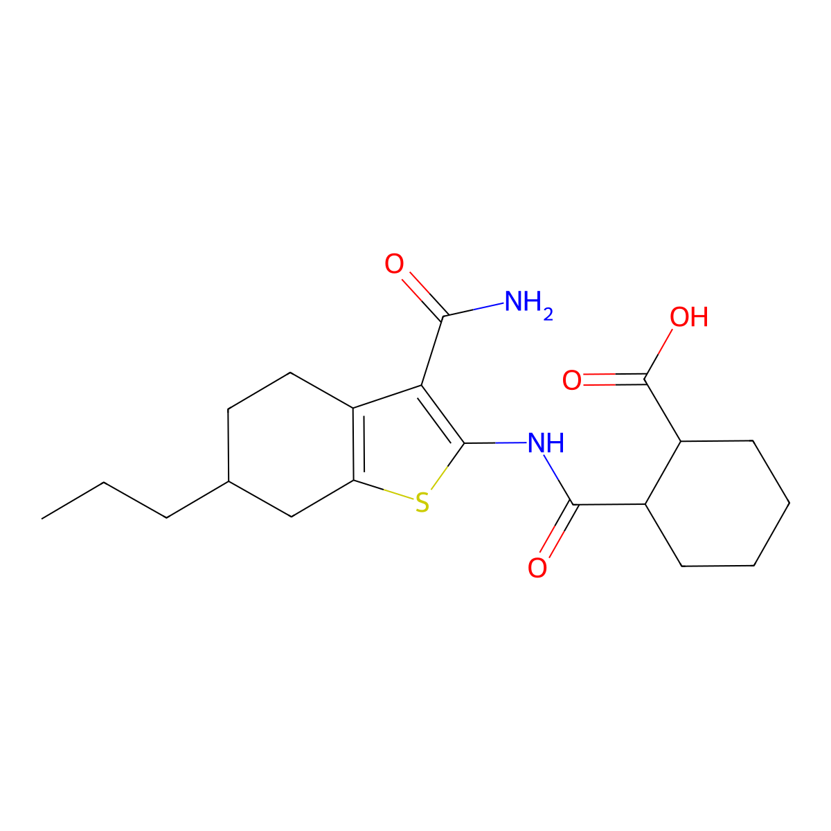 2-[(3-Carbamoyl-6-propyl-4,5,6,7-tetrahydro-1-benzothiophen-2-yl)carbamoyl]cyclohexane-1-carboxylic acid molecular structure, CAS 491832-02-1