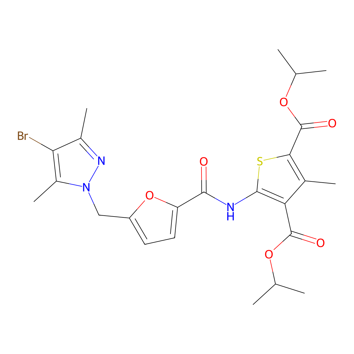 Dipropan-2-yl 5-[[5-[(4-bromo-3,5-dimethylpyrazol-1-yl)methyl]furan-2-carbonyl]amino]-3-methylthiophene-2,4-dicarboxylate molecular structure, CAS 491832-14-5