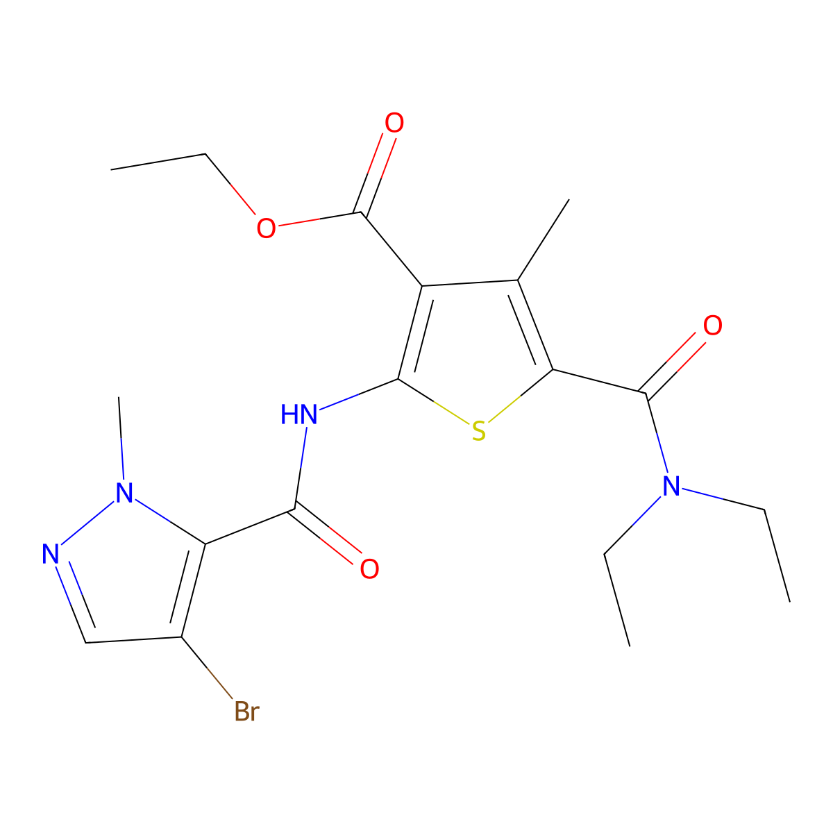 Ethyl 2-[(4-bromo-2-methylpyrazole-3-carbonyl)amino]-5-(diethylcarbamoyl)-4-methylthiophene-3-carboxylate molecular structure, CAS 491832-16-7