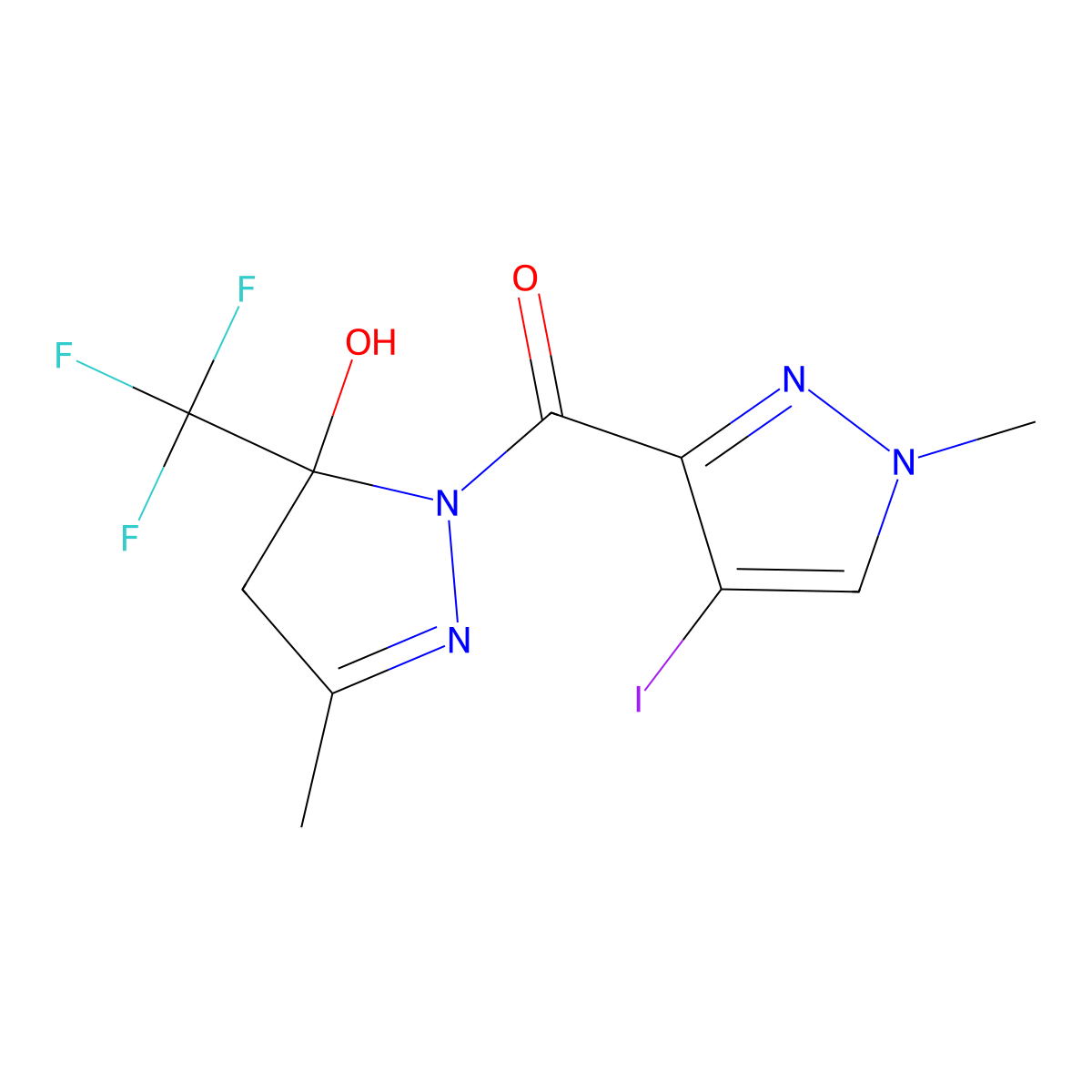 [5-hydroxy-3-methyl-5-(trifluoromethyl)-4,5-dihydro-1H-pyrazol-1-yl](4-iodo-1-methyl-1H-pyrazol-3-yl)methanone molecular structure, CAS 491832-21-4