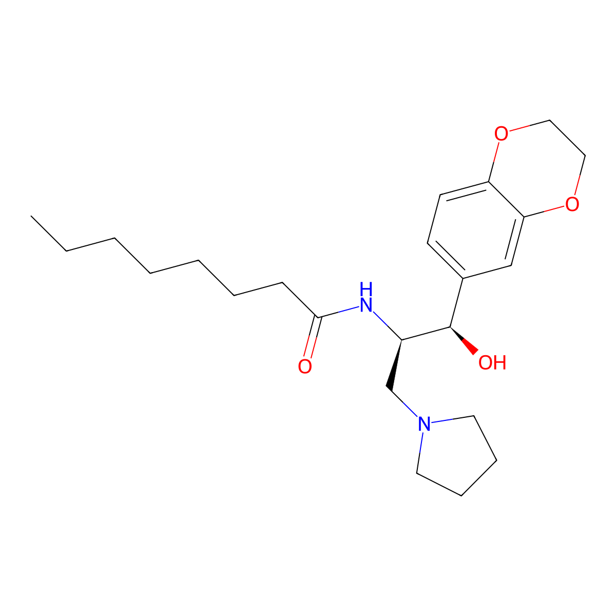 N-((1R,2R)-2-(2,3-Dihydro-1,4-benzodioxin-6-yl)-2-hydroxy-1-(1-pyrrolidinylmethyl)ethyl)octanamide molecular structure, CAS 491833-29-5