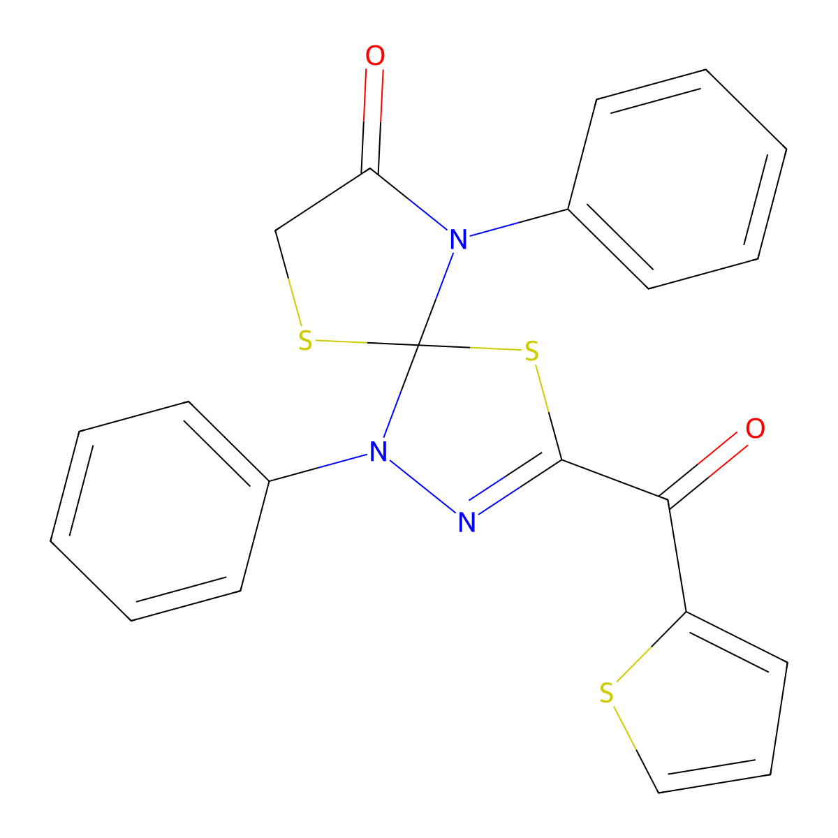 1,9-Diphenyl-3-(2-thienylcarbonyl)-4,6-dithia-1,2,9-triazaspiro[4.4]non-2-en-8-one molecular structure, CAS 491875-39-9