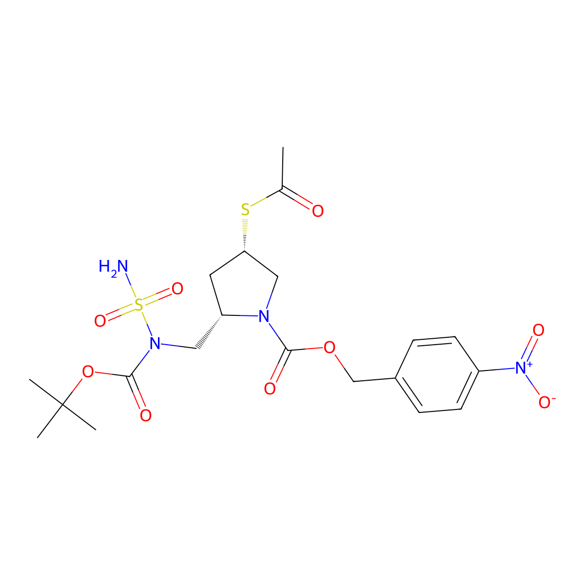 (4-Nitrophenyl)methyl (2S,4S)-4-(acetylthio)-2-(((aminosulfonyl)((1,1-dimethylethoxy)carbonyl)amino)methyl)-1-pyrrolidinecarboxylate molecular structure, CAS 491878-06-9