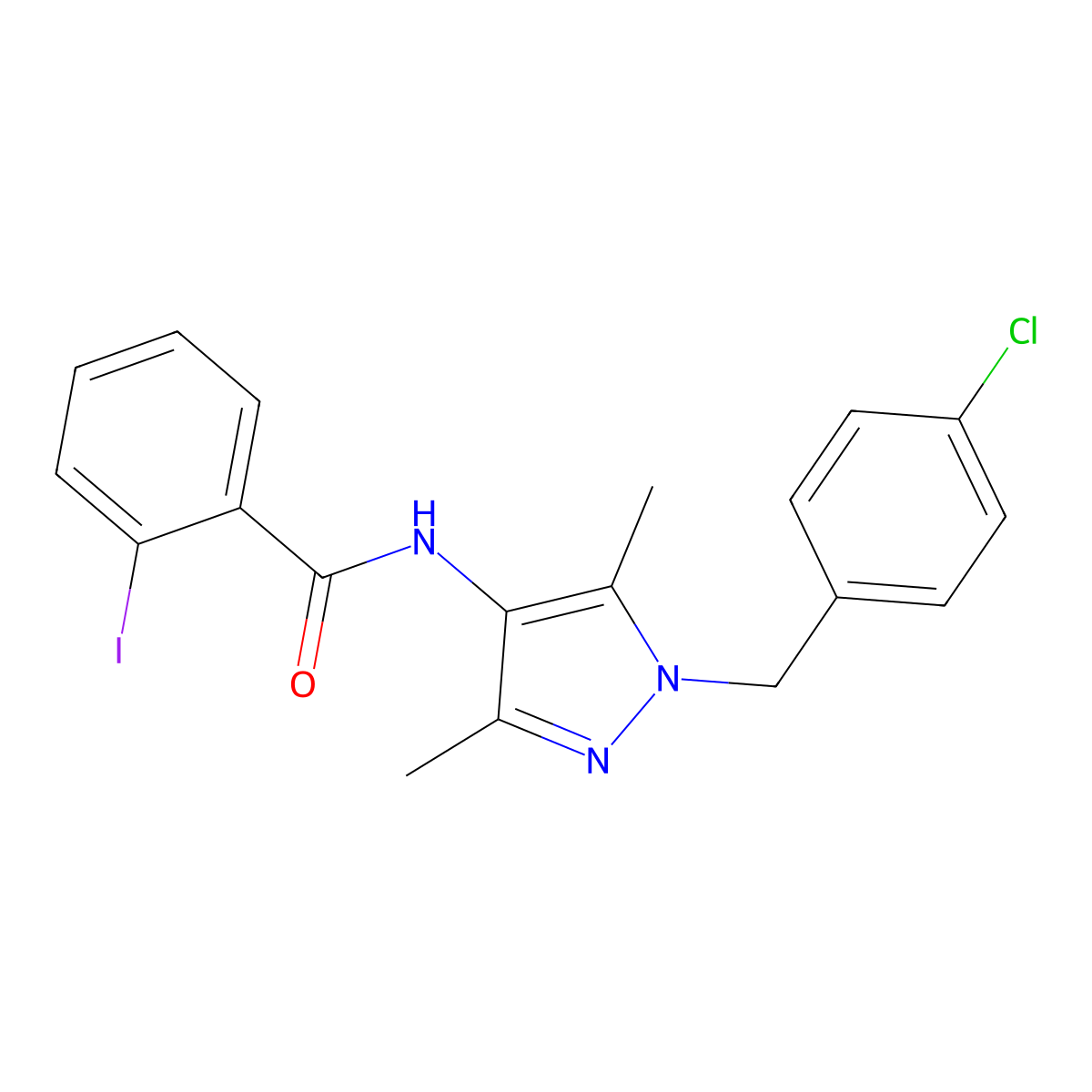 N-[1-[(4-chlorophenyl)methyl]-3,5-dimethylpyrazol-4-yl]-2-iodobenzamide molecular structure, CAS 492422-04-5