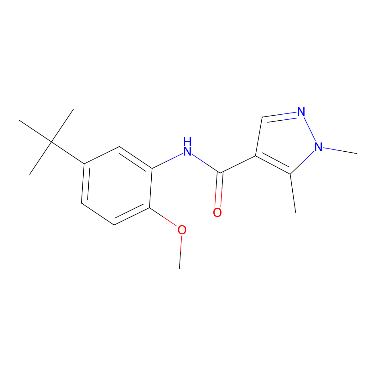 N-(5-tert-butyl-2-methoxyphenyl)-1,5-dimethylpyrazole-4-carboxamide molecular structure, CAS 492422-22-7
