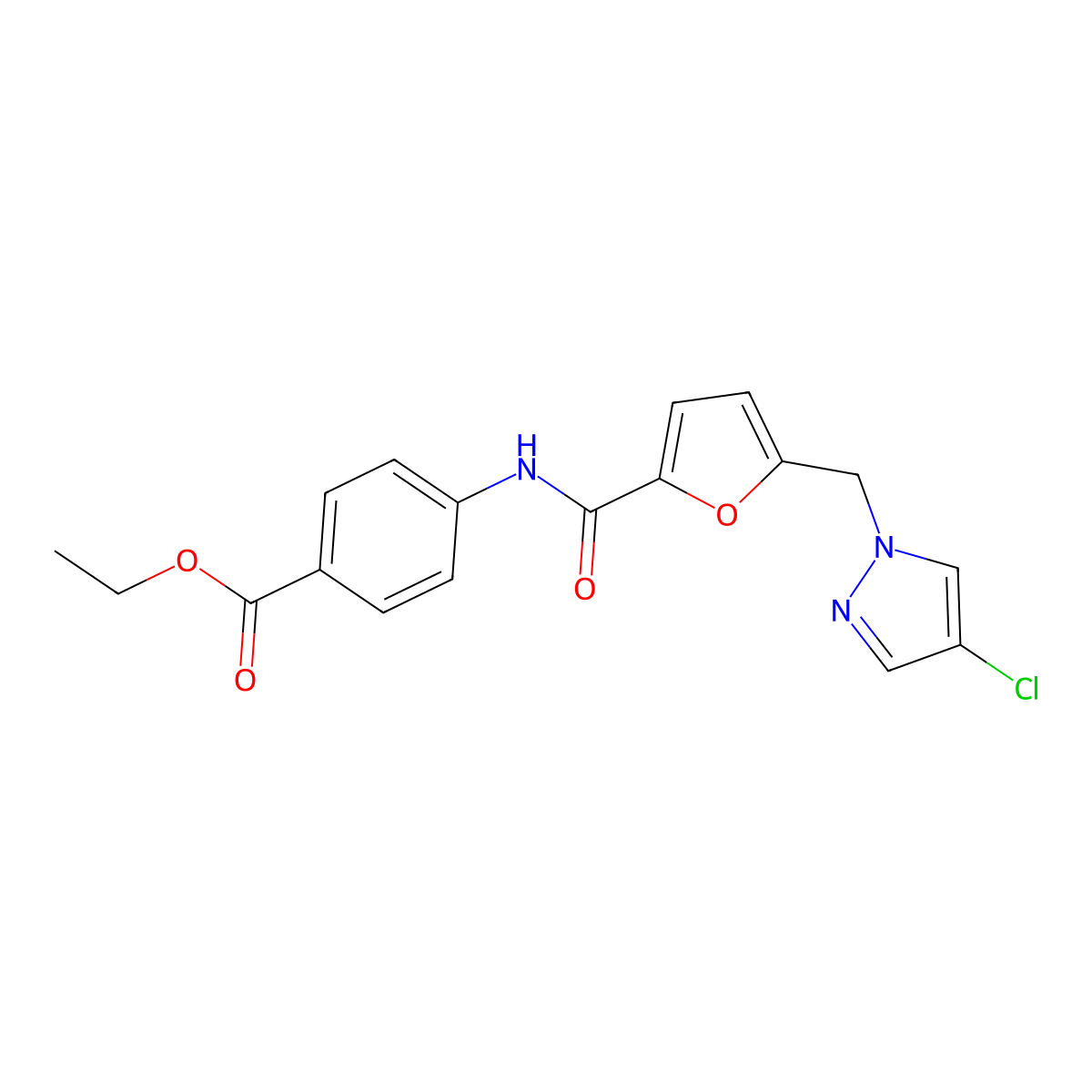 Ethyl 4-[[5-[(4-chloropyrazol-1-yl)methyl]furan-2-carbonyl]amino]benzoate molecular structure, CAS 492422-30-7