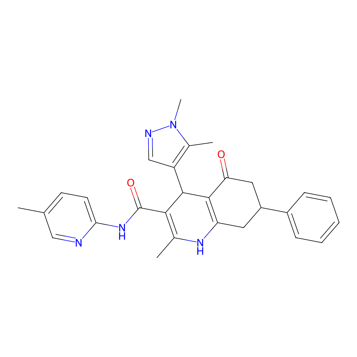 4-(1,5-dimethylpyrazol-4-yl)-2-methyl-N-(5-methylpyridin-2-yl)-5-oxo-7-phenyl-4,6,7,8-tetrahydro-1H-quinoline-3-carboxamide molecular structure, CAS 492422-67-0