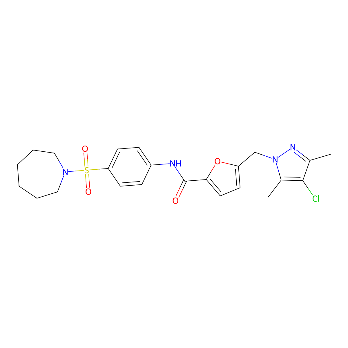 N-[4-(azepan-1-ylsulfonyl)phenyl]-5-[(4-chloro-3,5-dimethylpyrazol-1-yl)methyl]furan-2-carboxamide molecular structure, CAS 492422-80-7