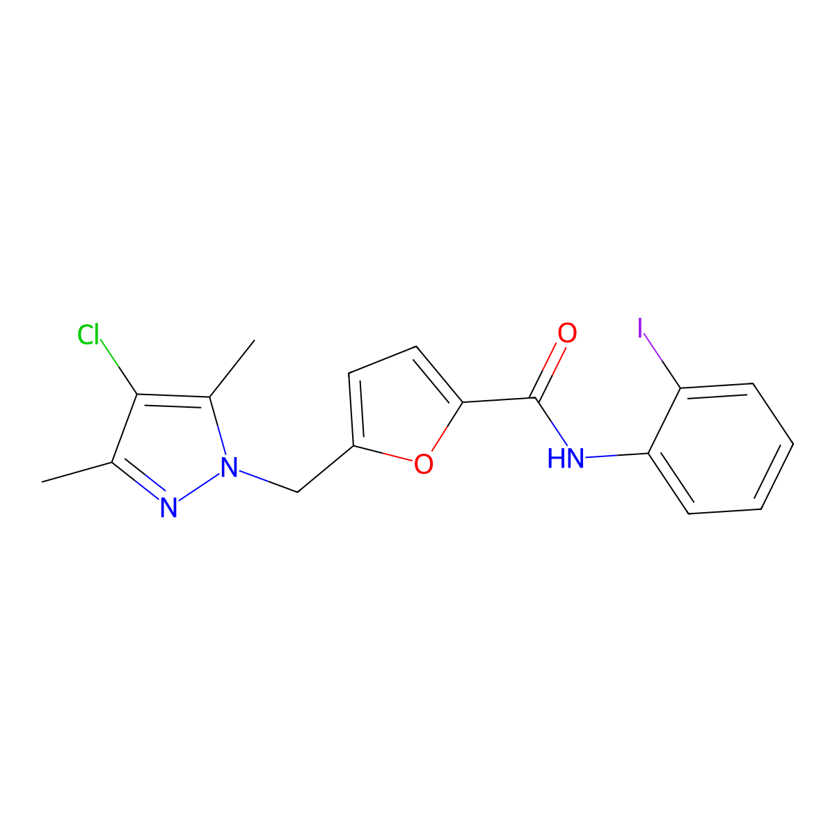 5-[(4-chloro-3,5-dimethylpyrazol-1-yl)methyl]-N-(2-iodophenyl)furan-2-carboxamide molecular structure, CAS 492423-02-6