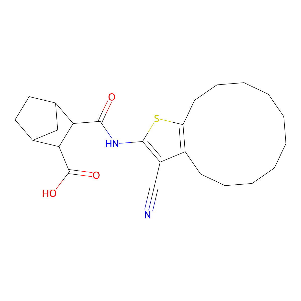 3-[(3-Cyano-4,5,6,7,8,9,10,11,12,13-decahydrocyclododeca[b]thiophen-2-yl)carbamoyl]bicyclo[2.2.1]heptane-2-carboxylic acid molecular structure, CAS 492423-14-0