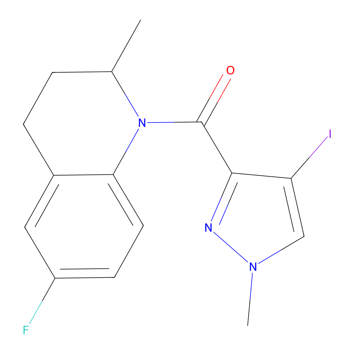 (6-fluoro-2-methyl-3,4-dihydro-2H-quinolin-1-yl)-(4-iodo-1-methylpyrazol-3-yl)methanone molecular structure, CAS 492423-16-2