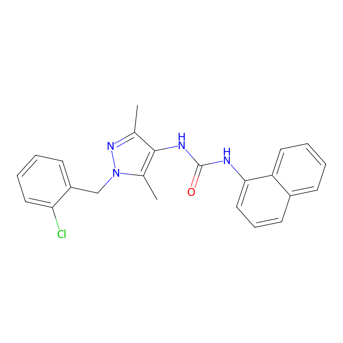 1-[1-[(2-Chlorophenyl)methyl]-3,5-dimethylpyrazol-4-yl]-3-naphthalen-1-ylurea molecular structure, CAS 492423-18-4