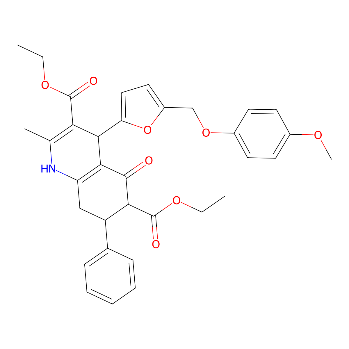 Diethyl 4-{5-[(4-methoxyphenoxy)methyl]-2-furyl}-2-methyl-5-oxo-7-phenyl-1,4,5,6,7,8-hexahydro-3,6-quinolinedicarboxylate molecular structure, CAS 492423-19-5