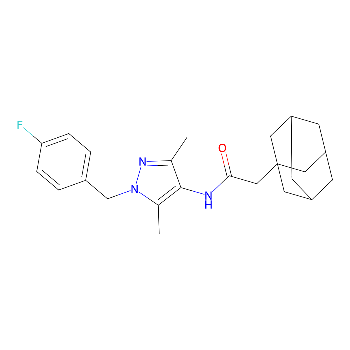 2-(1-adamantyl)-N-[1-[(4-fluorophenyl)methyl]-3,5-dimethylpyrazol-4-yl]acetamide molecular structure, CAS 492423-36-6