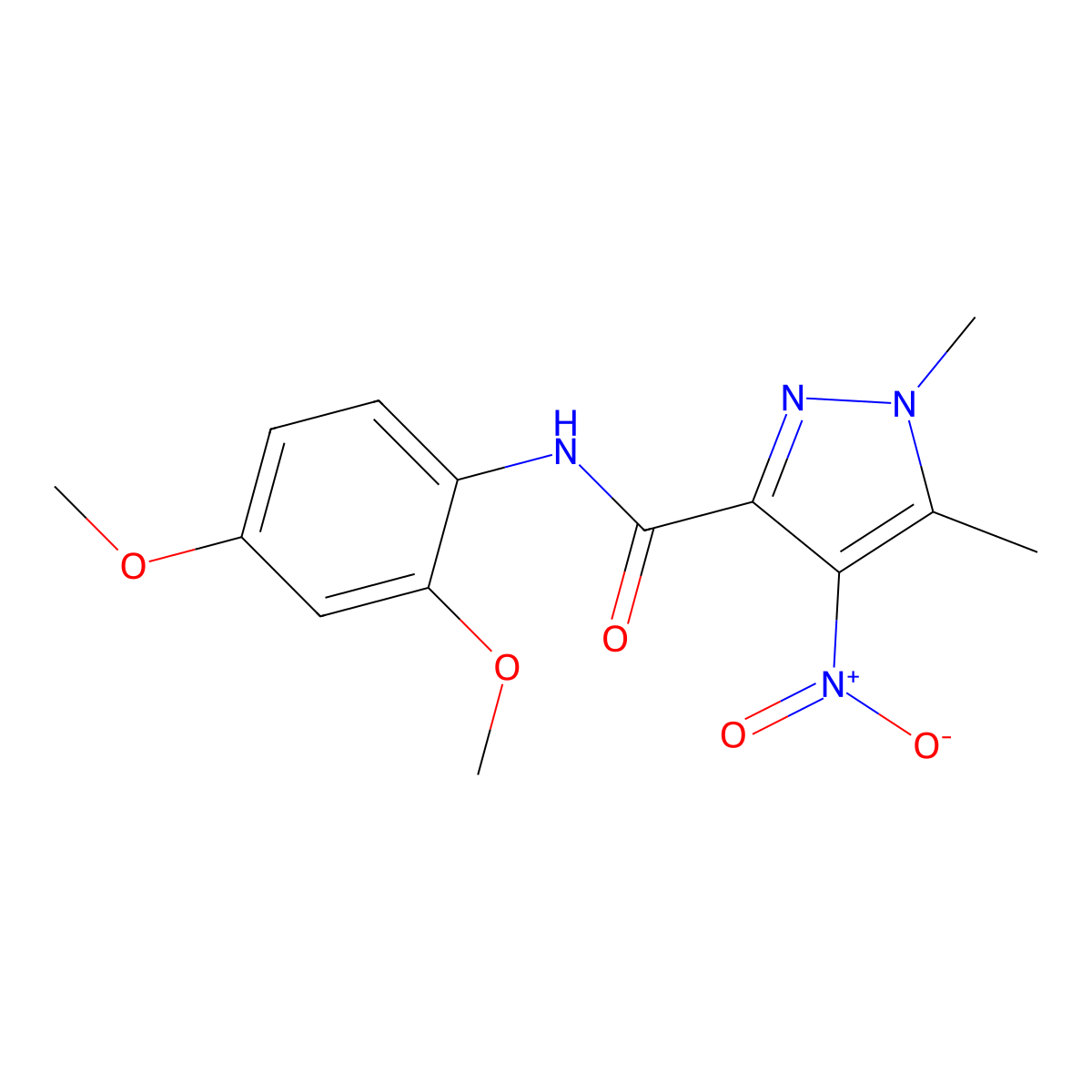 N-(2,4-dimethoxyphenyl)-1,5-dimethyl-4-nitro-1H-pyrazole-3-carboxamide molecular structure, CAS 492423-41-3
