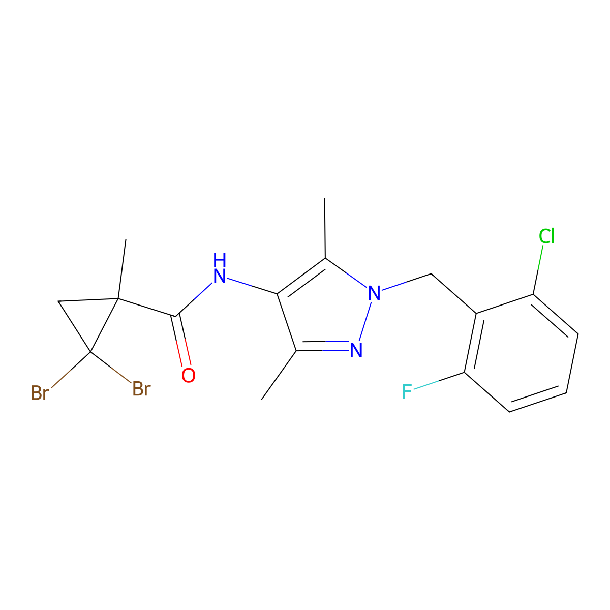 2,2-dibromo-N-[1-(2-chloro-6-fluorobenzyl)-3,5-dimethyl-1H-pyrazol-4-yl]-1-methylcyclopropanecarboxamide molecular structure, CAS 492423-43-5