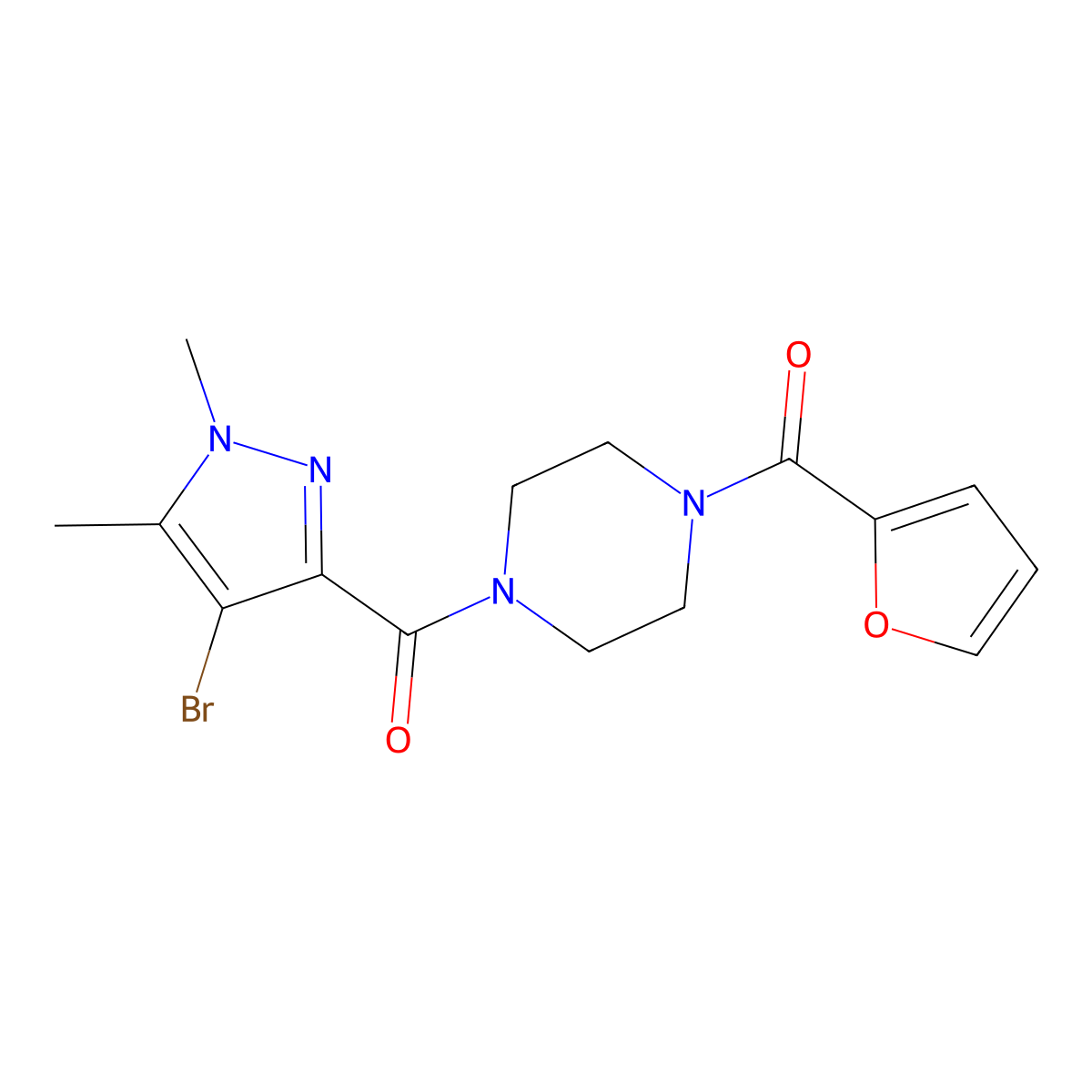 [4-(4-Bromo-1,5-dimethylpyrazole-3-carbonyl)piperazin-1-yl]-(furan-2-yl)methanone molecular structure, CAS 492423-50-4