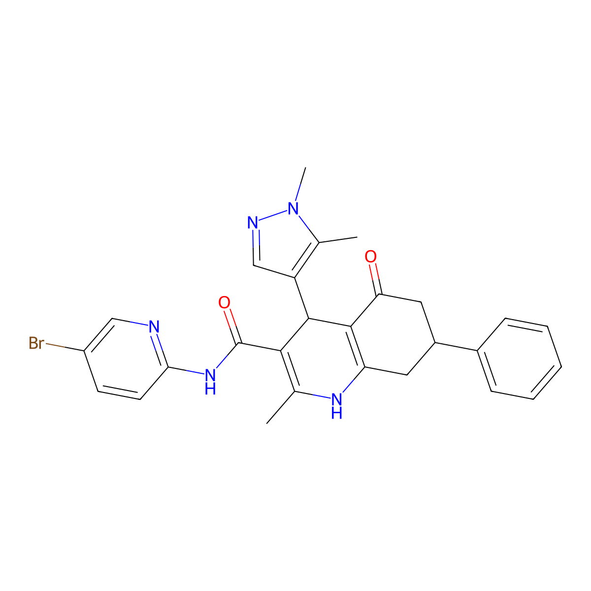 N-(5-bromopyridin-2-yl)-4-(1,5-dimethylpyrazol-4-yl)-2-methyl-5-oxo-7-phenyl-4,6,7,8-tetrahydro-1H-quinoline-3-carboxamide molecular structure, CAS 492423-51-5