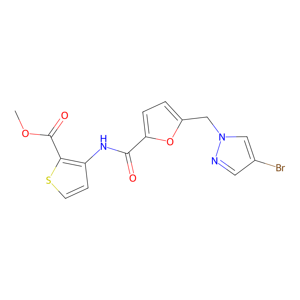Methyl 3-[[5-[(4-bromopyrazol-1-yl)methyl]furan-2-carbonyl]amino]thiophene-2-carboxylate molecular structure, CAS 492423-73-1