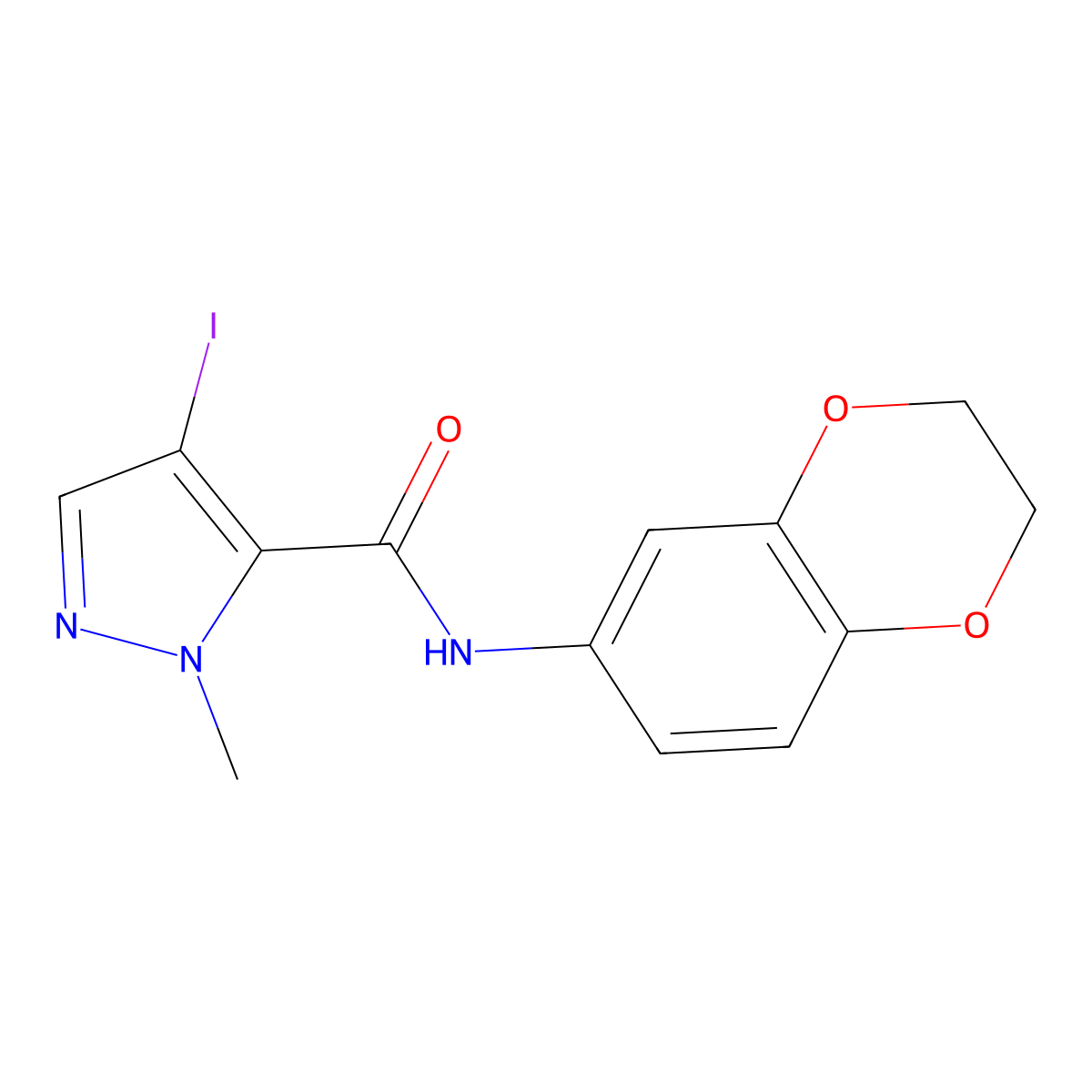 N-(2,3-dihydro-1,4-benzodioxin-6-yl)-4-iodo-1-methyl-1H-pyrazole-5-carboxamide molecular structure, CAS 492423-74-2