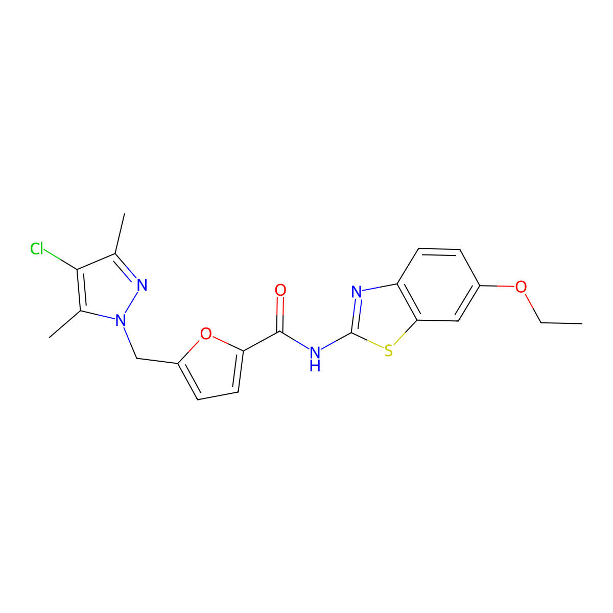 5-[(4-chloro-3,5-dimethylpyrazol-1-yl)methyl]-N-(6-ethoxy-1,3-benzothiazol-2-yl)furan-2-carboxamide molecular structure, CAS 492423-80-0