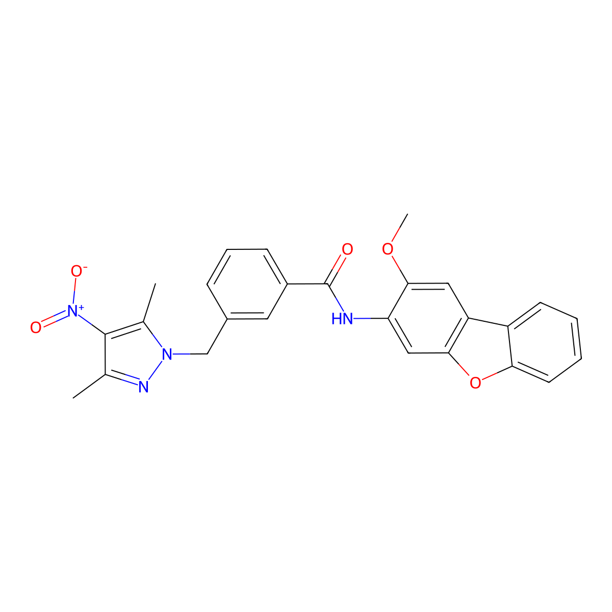 3-[(3,5-dimethyl-4-nitropyrazol-1-yl)methyl]-N-(2-methoxydibenzofuran-3-yl)benzamide molecular structure, CAS 492423-92-4