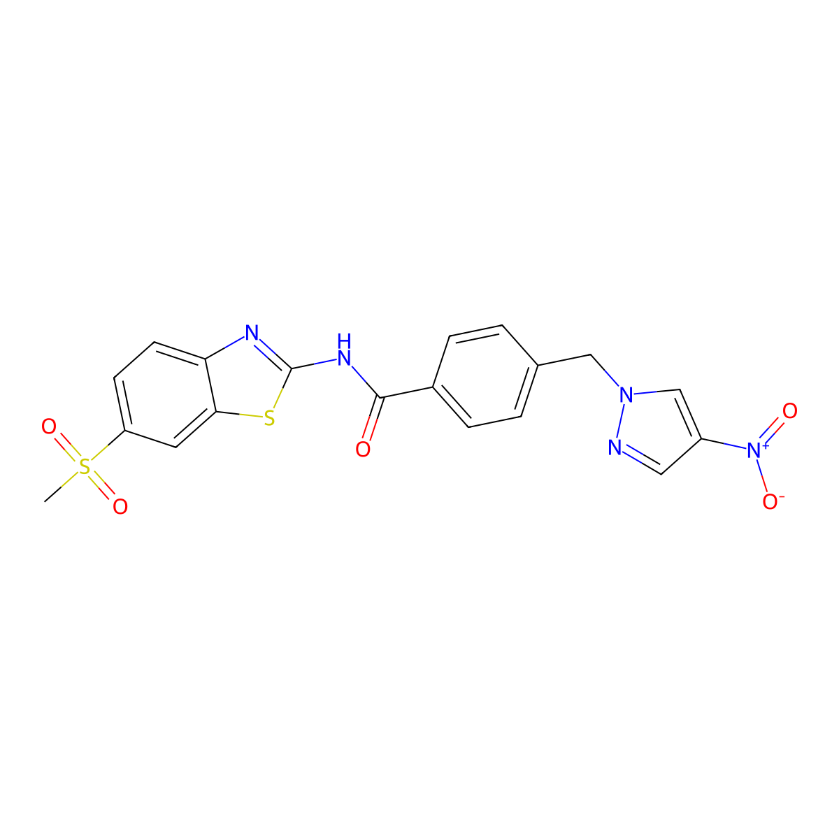 N-(6-methylsulfonyl-1,3-benzothiazol-2-yl)-4-[(4-nitropyrazol-1-yl)methyl]benzamide molecular structure, CAS 492424-02-9