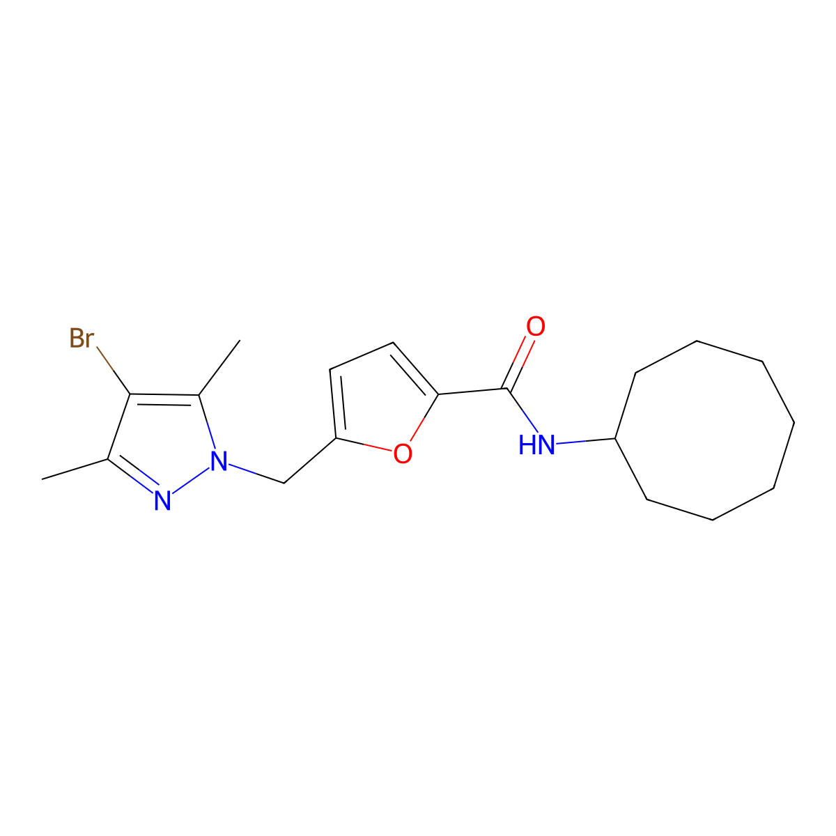 5-[(4-bromo-3,5-dimethylpyrazol-1-yl)methyl]-N-cyclooctylfuran-2-carboxamide molecular structure, CAS 492424-10-9