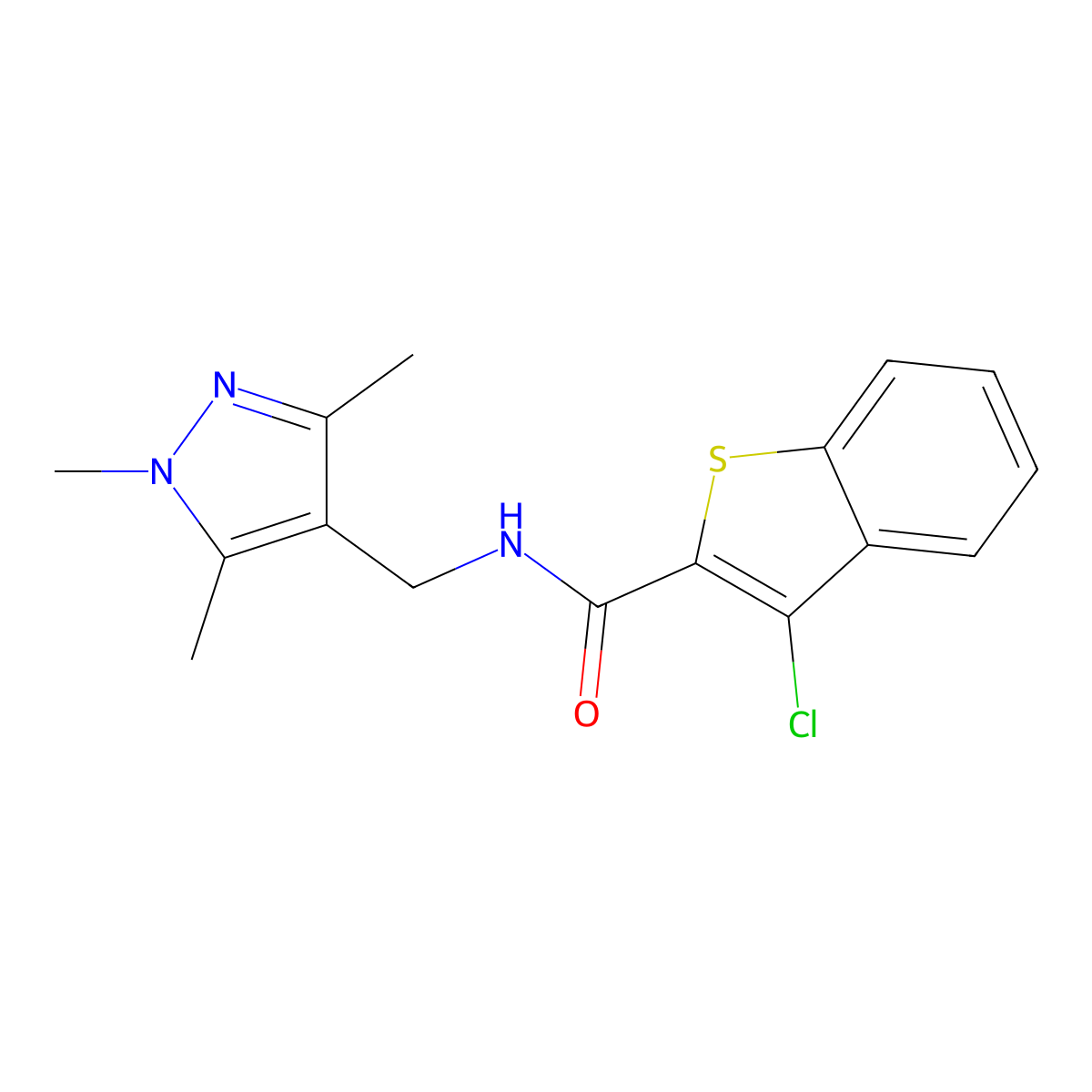 3-chloro-N-[(1,3,5-trimethyl-1H-pyrazol-4-yl)methyl]-1-benzothiophene-2-carboxamide molecular structure, CAS 492424-33-6