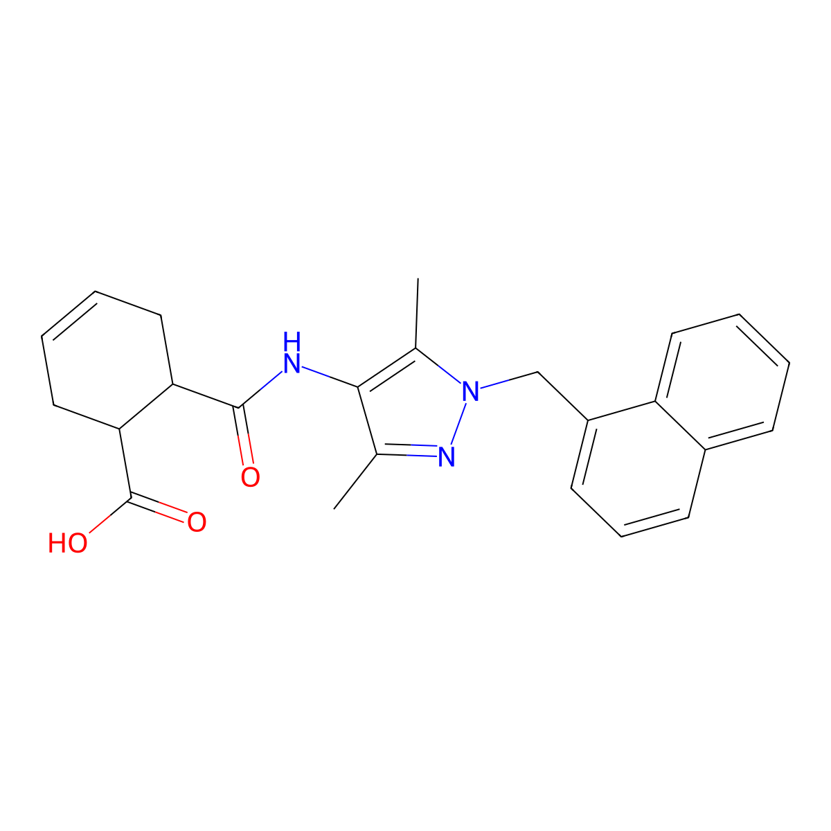 6-[[3,5-dimethyl-1-(naphthalen-1-ylmethyl)pyrazol-4-yl]carbamoyl]cyclohex-3-ene-1-carboxylic Acid molecular structure, CAS 492424-51-8