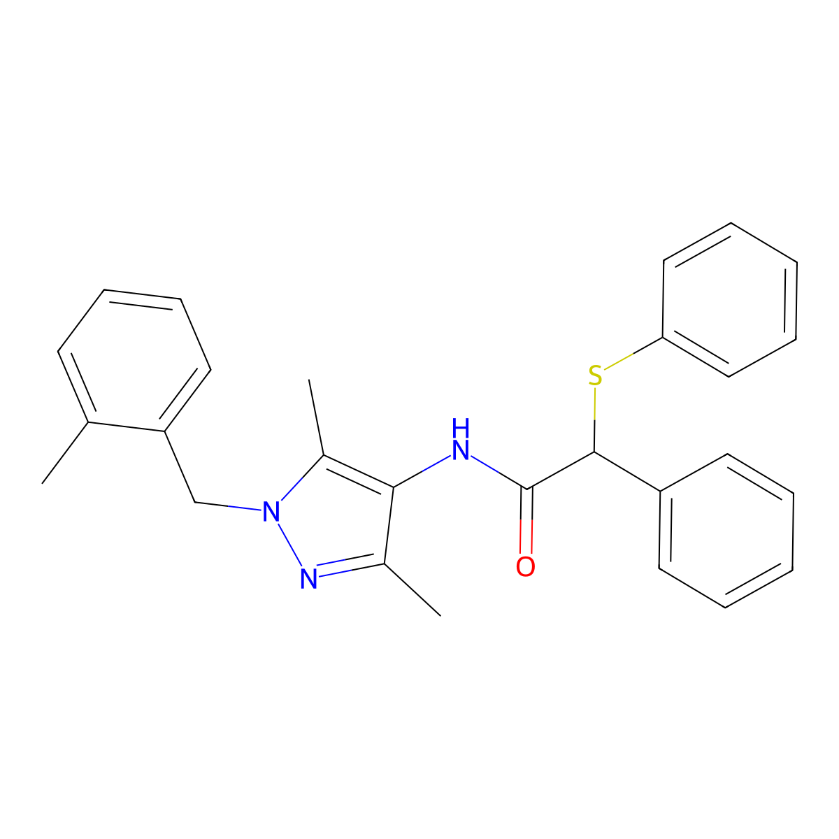 N-[3,5-dimethyl-1-(2-methylbenzyl)-1H-pyrazol-4-yl]-2-phenyl-2-(phenylsulfanyl)acetamide molecular structure, CAS 492424-63-2