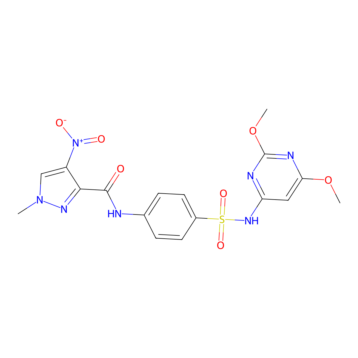 N-[4-[(2,6-dimethoxypyrimidin-4-yl)sulfamoyl]phenyl]-1-methyl-4-nitropyrazole-3-carboxamide molecular structure, CAS 492424-67-6