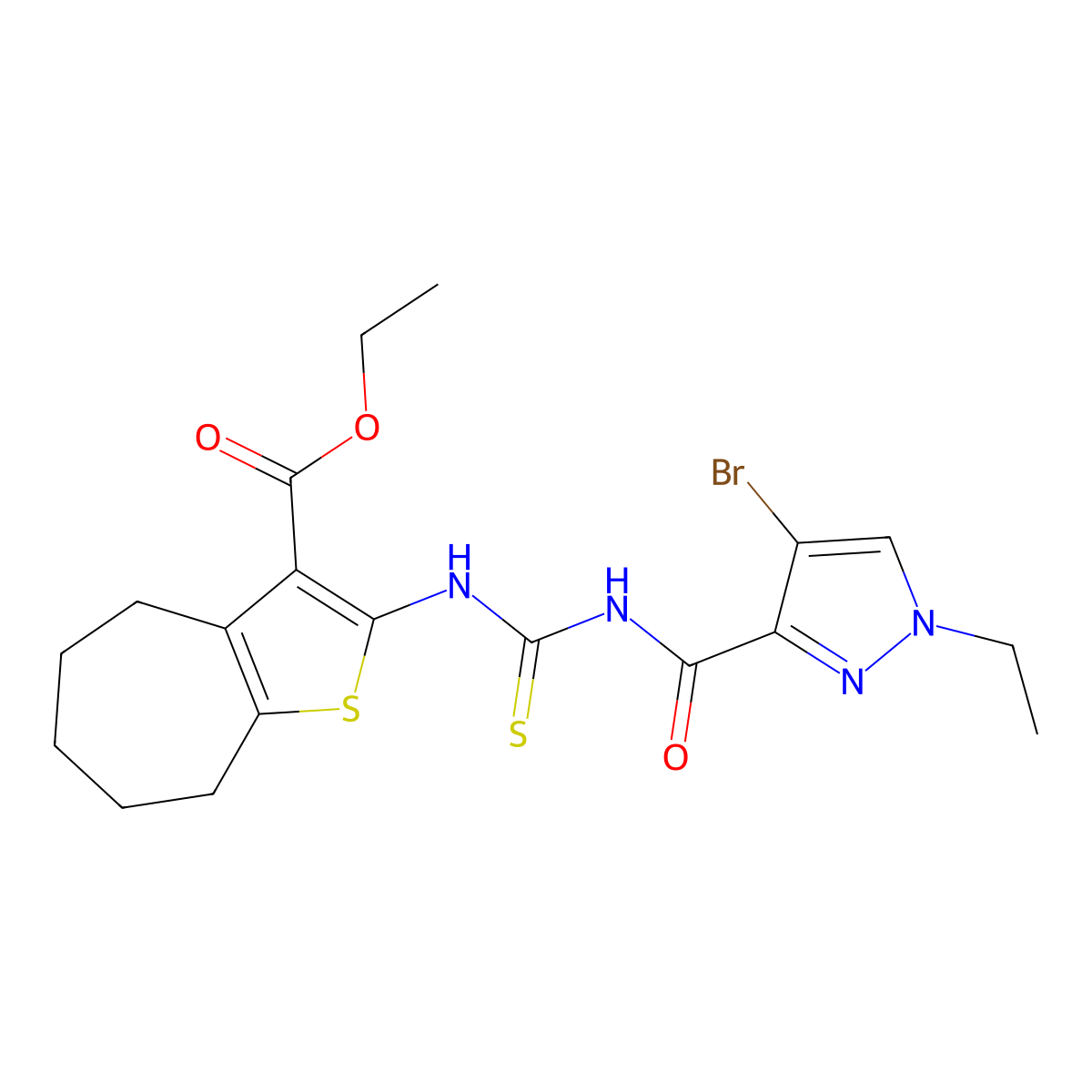 ethyl 2-[(4-bromo-1-ethylpyrazole-3-carbonyl)carbamothioylamino]-5,6,7,8-tetrahydro-4H-cyclohepta[b]thiophene-3-carboxylate molecular structure, CAS 492424-84-7