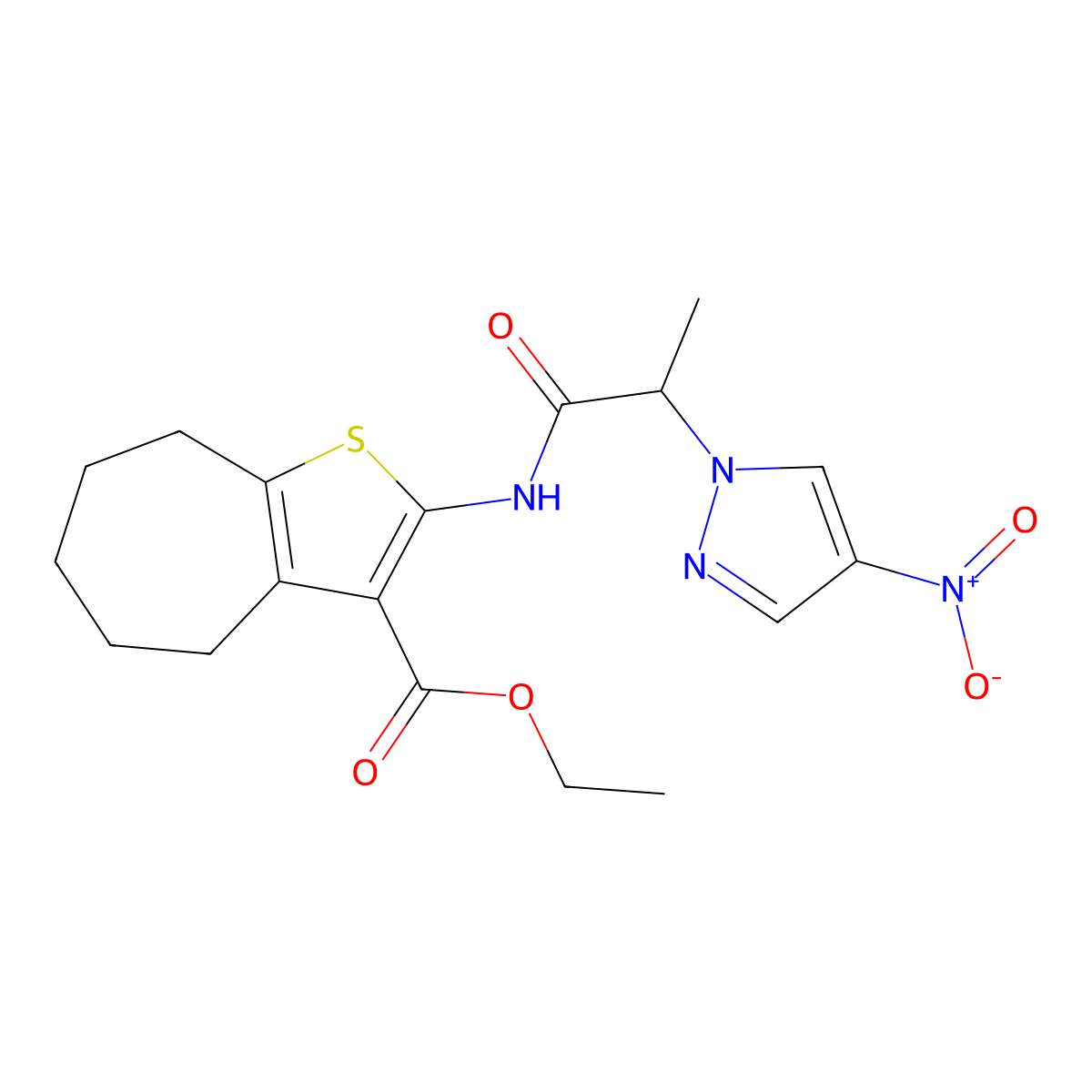 ethyl 2-[2-(4-nitropyrazol-1-yl)propanoylamino]-5,6,7,8-tetrahydro-4H-cyclohepta[b]thiophene-3-carboxylate molecular structure, CAS 492424-86-9