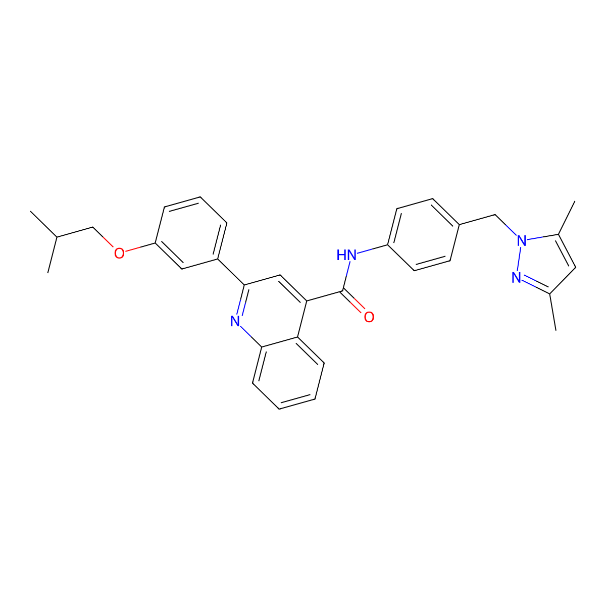 N-[4-[(3,5-dimethylpyrazol-1-yl)methyl]phenyl]-2-[3-(2-methylpropoxy)phenyl]quinoline-4-carboxamide molecular structure, CAS 492425-11-3