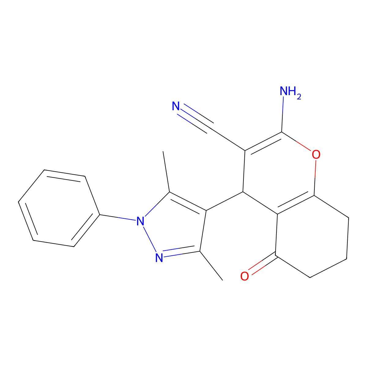2-Amino-4-(3,5-dimethyl-1-phenylpyrazol-4-yl)-5-oxo-4,6,7,8-tetrahydrochromene-3-carbonitrile molecular structure, CAS 492425-24-8