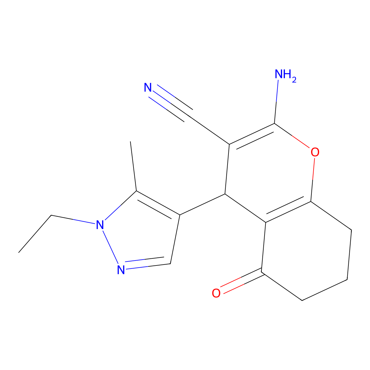 2-Amino-4-(1-ethyl-5-methylpyrazol-4-yl)-5-oxo-4,6,7,8-tetrahydrochromene-3-carbonitrile molecular structure, CAS 492425-26-0
