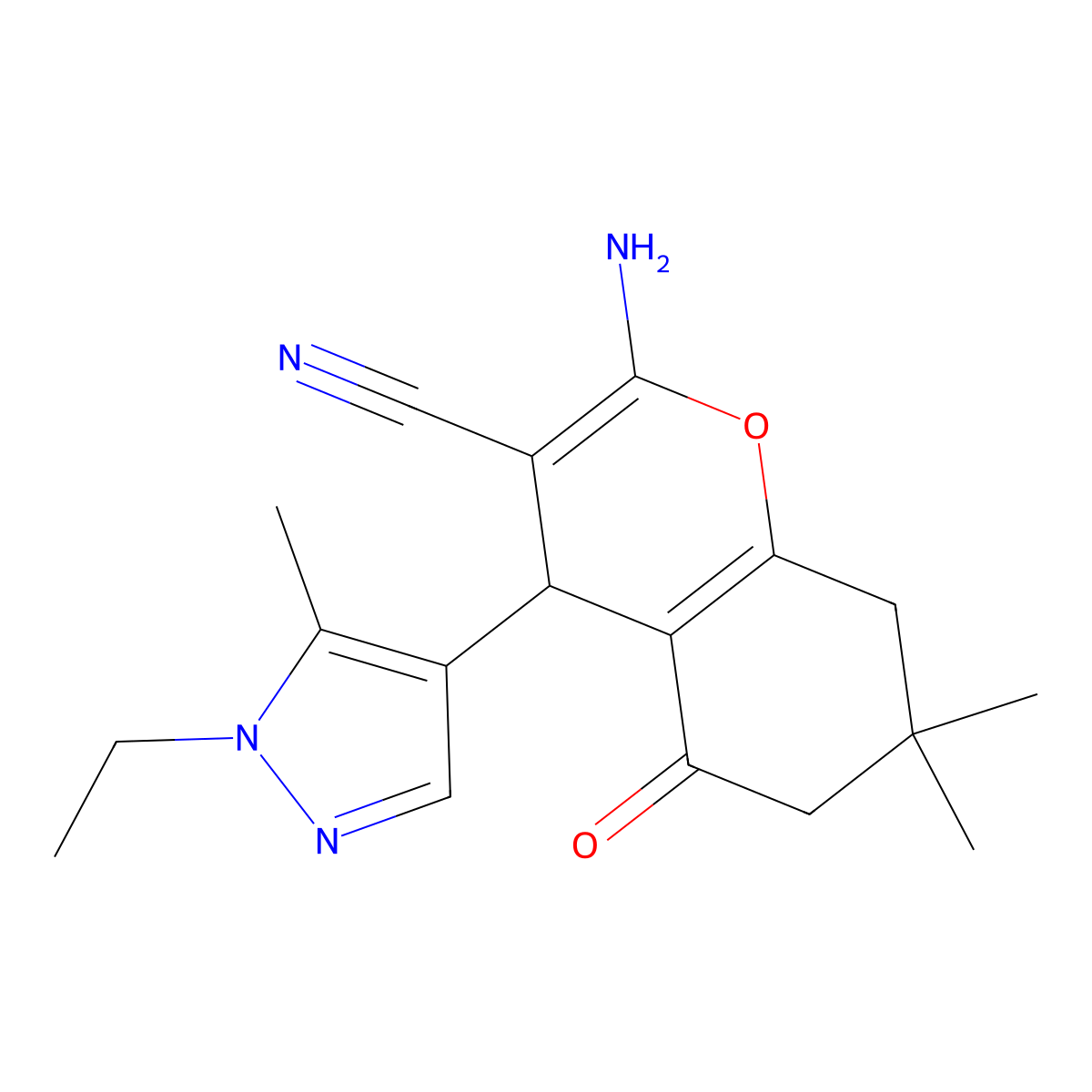 2-amino-4-(1-ethyl-5-methyl-1H-pyrazol-4-yl)-7,7-dimethyl-5-oxo-5,6,7,8-tetrahydro-4H-chromene-3-carbonitrile molecular structure, CAS 492425-29-3