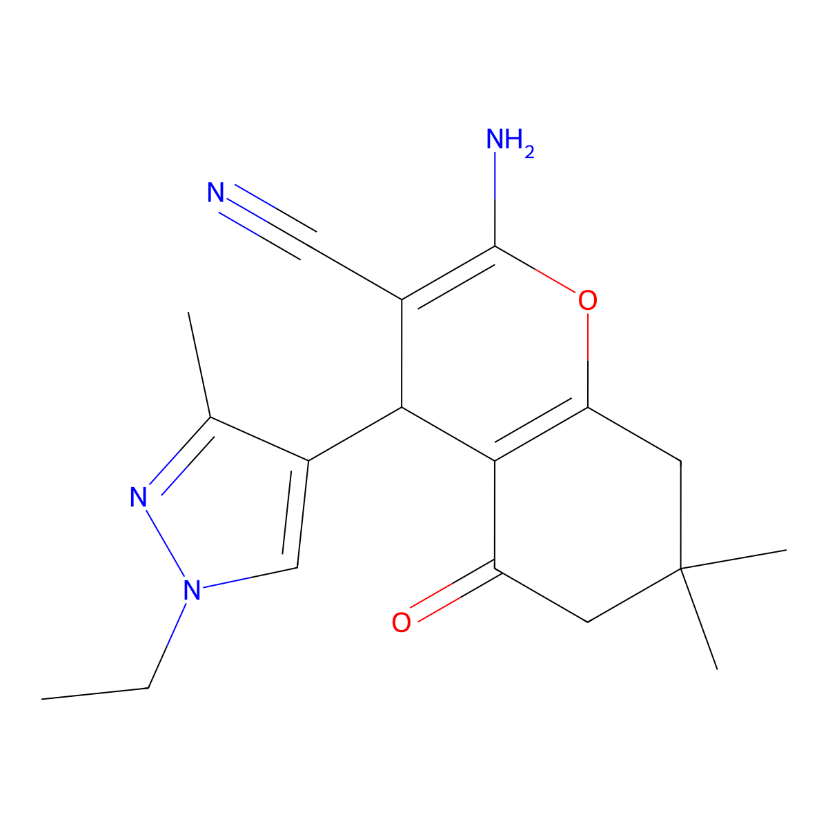 2-amino-4-(1-ethyl-3-methyl-1H-pyrazol-4-yl)-7,7-dimethyl-5-oxo-5,6,7,8-tetrahydro-4H-chromene-3-carbonitrile molecular structure, CAS 492425-33-9