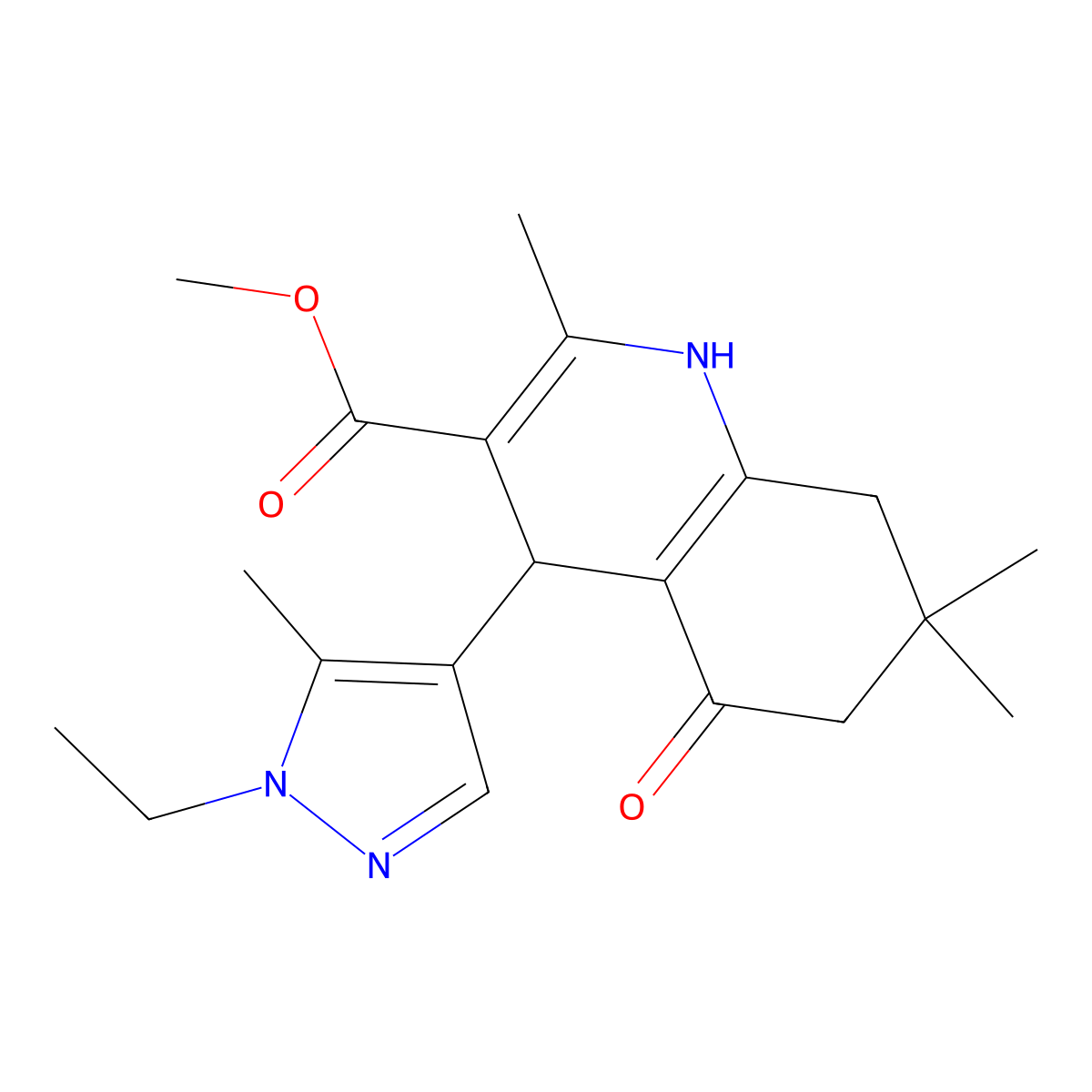 methyl 4-(1-ethyl-5-methyl-1H-pyrazol-4-yl)-2,7,7-trimethyl-5-oxo-1,4,5,6,7,8-hexahydro-3-quinolinecarboxylate molecular structure, CAS 492425-36-2