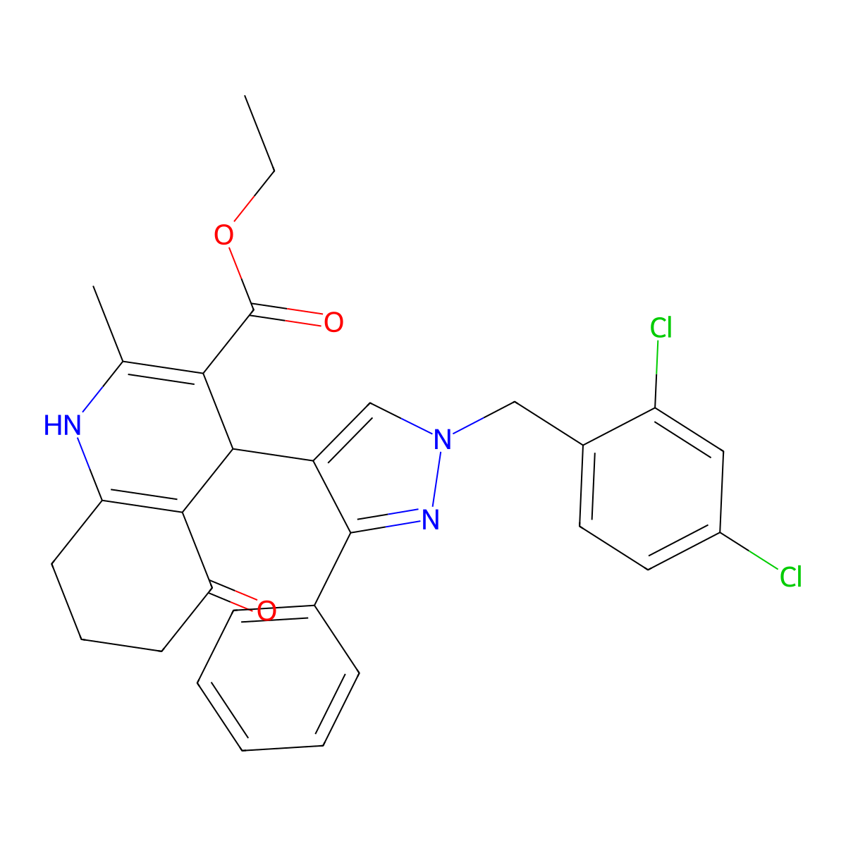 ethyl 4-[1-(2,4-dichlorobenzyl)-3-phenyl-1H-pyrazol-4-yl]-2-methyl-5-oxo-1,4,5,6,7,8-hexahydro-3-quinolinecarboxylate molecular structure, CAS 492425-46-4