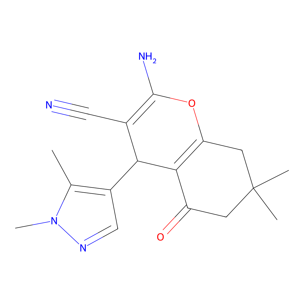 2-amino-4-(1,5-dimethyl-1H-pyrazol-4-yl)-7,7-dimethyl-5-oxo-5,6,7,8-tetrahydro-4H-chromene-3-carbonitrile molecular structure, CAS 492425-48-6