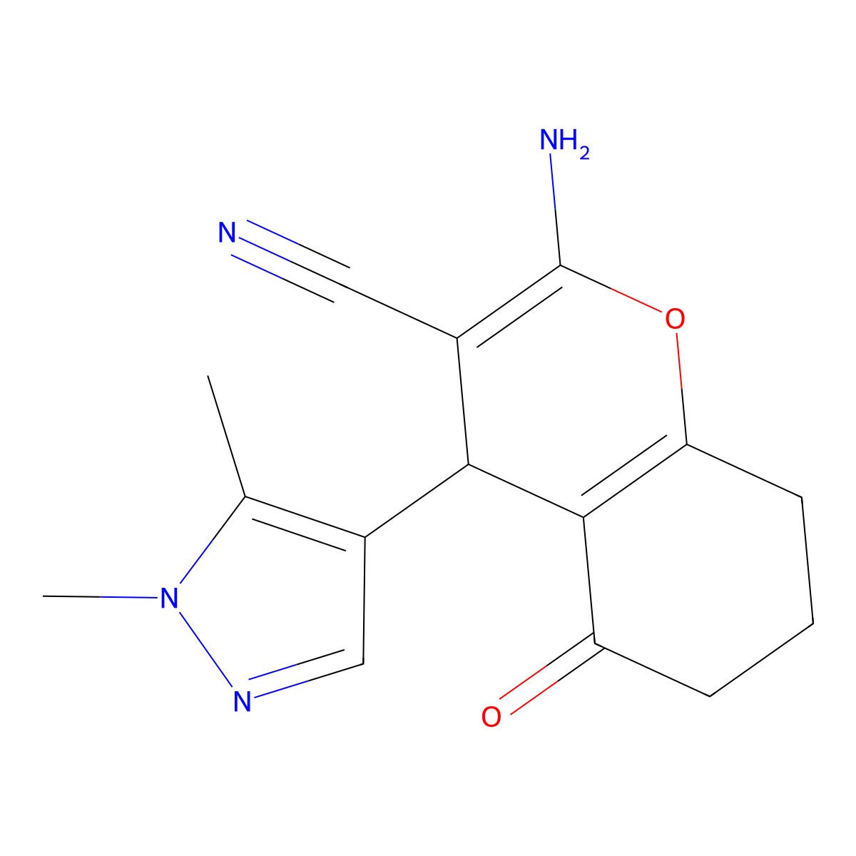 2-amino-4-(1,5-dimethyl-1H-pyrazol-4-yl)-5-oxo-5,6,7,8-tetrahydro-4H-chromene-3-carbonitrile molecular structure, CAS 492425-50-0