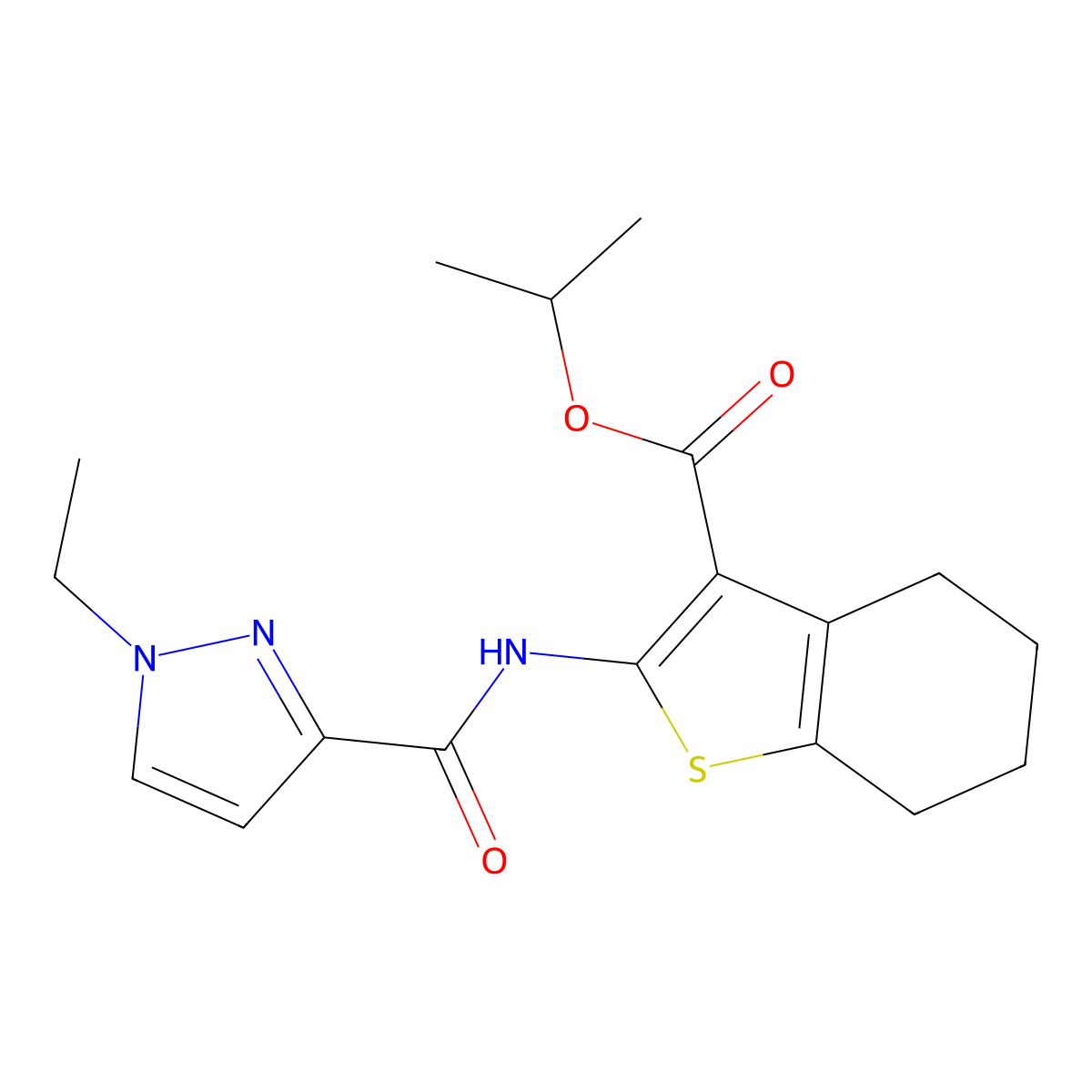 Isopropyl 2-{[(1-ethyl-1H-pyrazol-3-YL)carbonyl]amino}-4,5,6,7-tetrahydro-1-benzothiophene-3-carboxylate molecular structure, CAS 492425-58-8