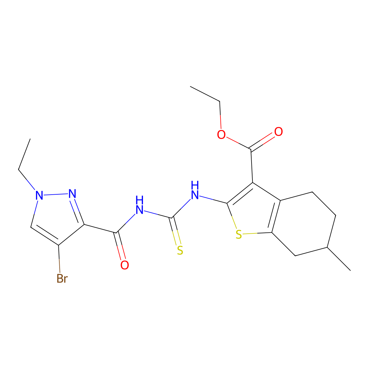 Ethyl 2-[(4-bromo-1-ethylpyrazole-3-carbonyl)carbamothioylamino]-6-methyl-4,5,6,7-tetrahydro-1-benzothiophene-3-carboxylate molecular structure, CAS 492425-72-6