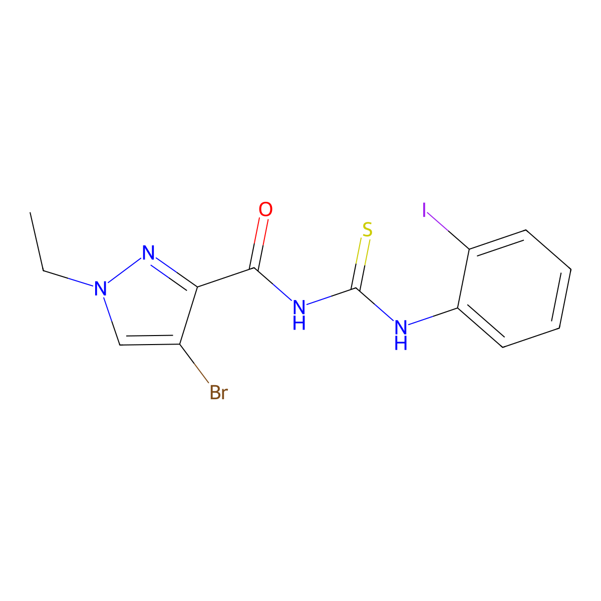 4-bromo-1-ethyl-N-[(2-iodophenyl)carbamothioyl]pyrazole-3-carboxamide molecular structure, CAS 492425-75-9