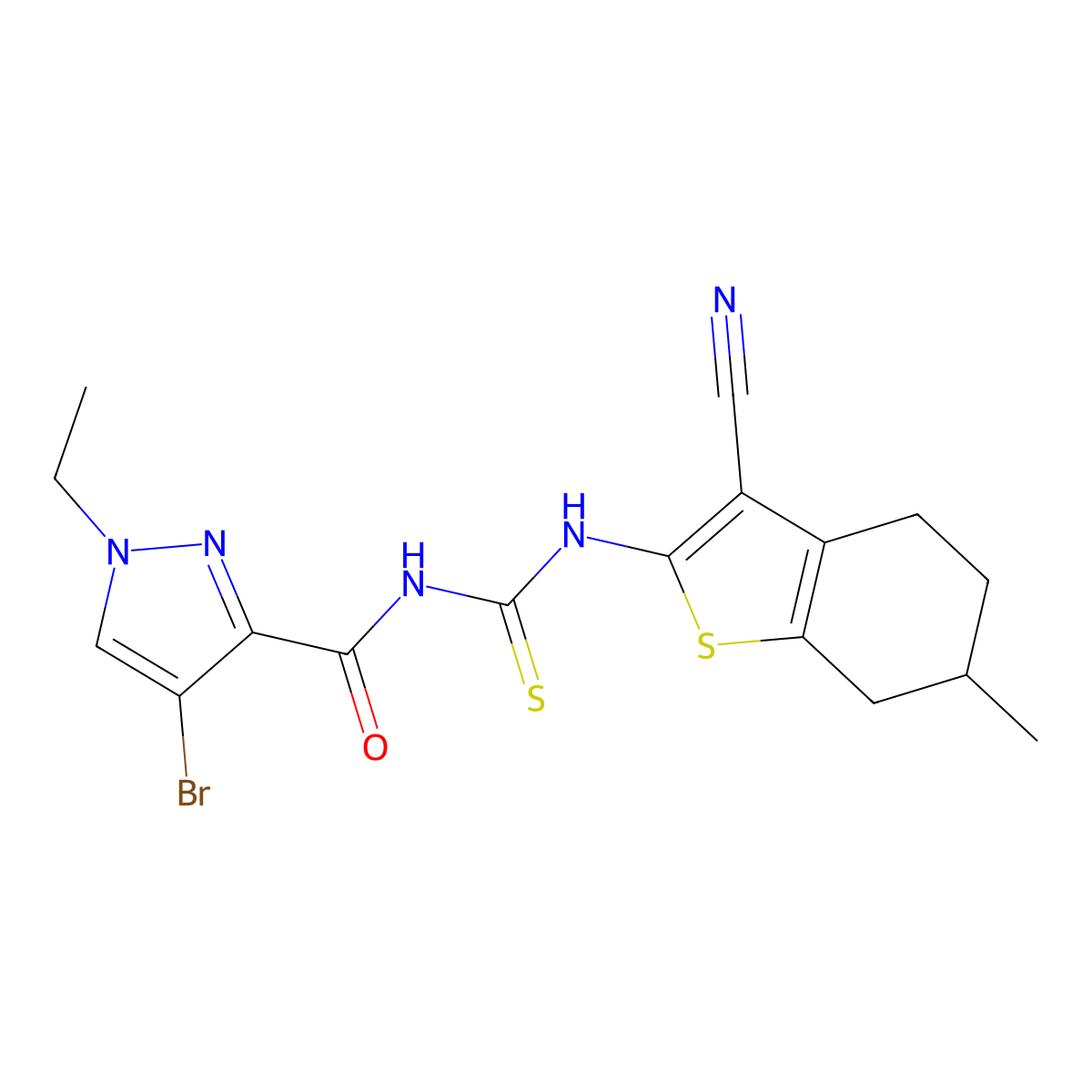 4-bromo-N-[(3-cyano-6-methyl-4,5,6,7-tetrahydro-1-benzothiophen-2-yl)carbamothioyl]-1-ethylpyrazole-3-carboxamide molecular structure, CAS 492425-76-0