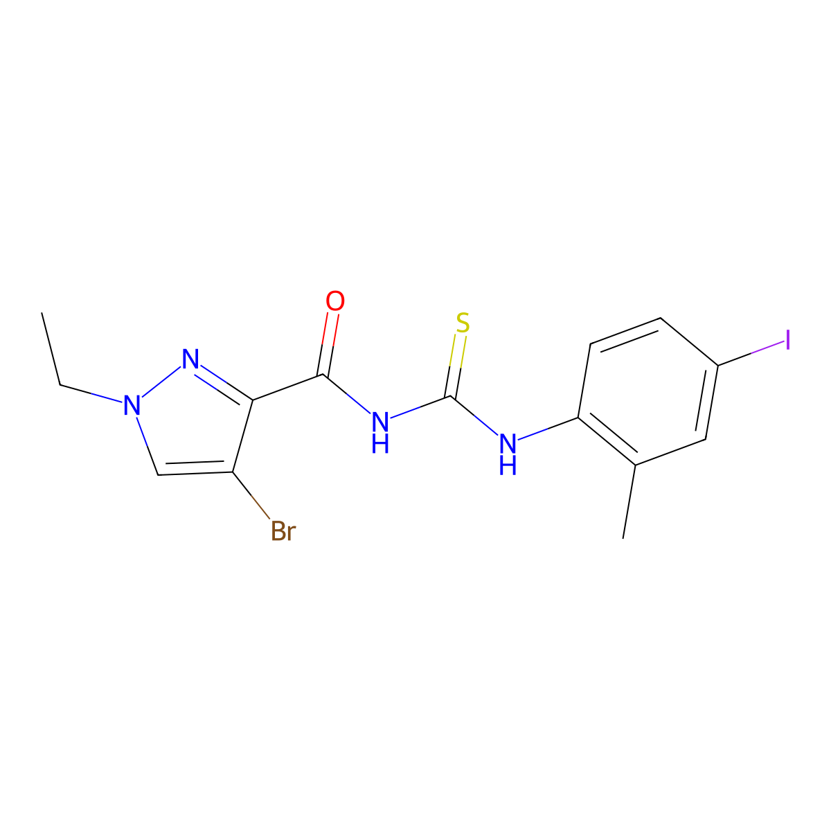 4-bromo-1-ethyl-N-[(4-iodo-2-methylphenyl)carbamothioyl]pyrazole-3-carboxamide molecular structure, CAS 492425-79-3
